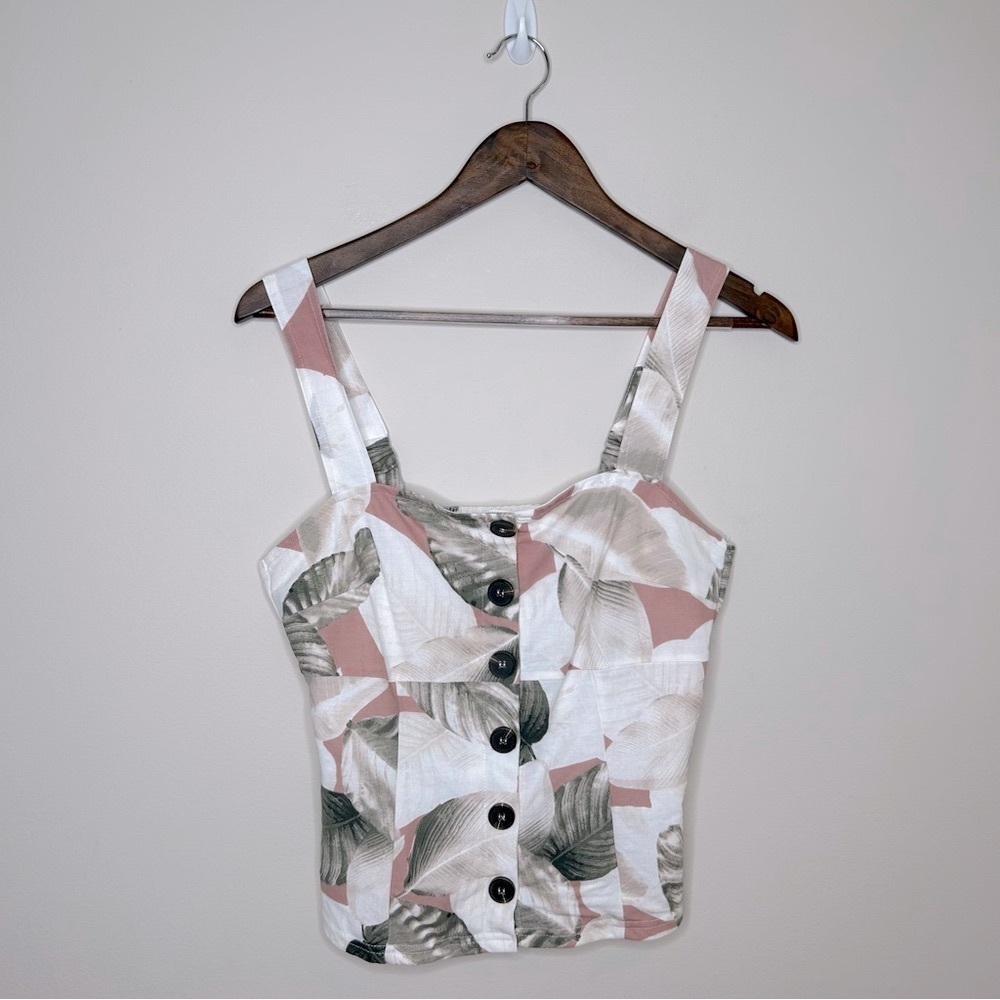 Le Chateau Small Sleeveless Square Neck Button Down Blouse Tropical Print
